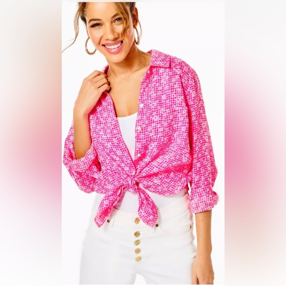 Lilly Pulitzer Sea View Linen Button Down Top Pink Check You Out Size XXS